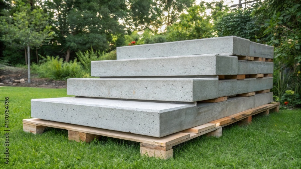 Poster A side view that reveals the weight and mass of the precast concrete steps as they rest on wooden skids. The texture of the concrete contrasts with the nearby green vegetation