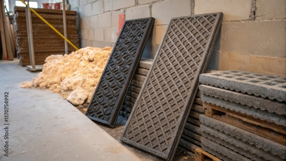 Aufkleber A textured image showing drainage grates leaning against a wall their surfaces rugged and worn. The background consists of various construction materials tered about and tufts of