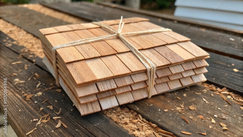 Poster A tightly bundled set of cedar shingles tied with twine resting on a weathered wooden surface. The edges of the shingles show slight imperfections hinting at their authenticity