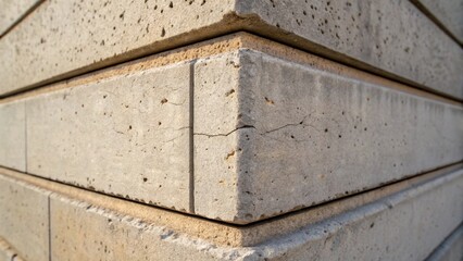 A textured closeup of the corner of a stacked precast concrete wall section focusing on the joints where two panels meet. Cracks and small imperfections speak to the history of the
