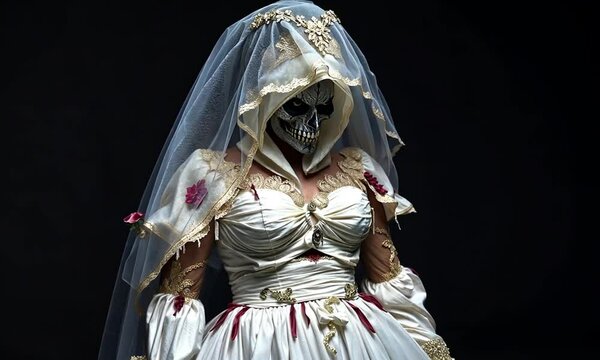 Halloween killer in a tattered bride's gown with their face hidden by a veil, showcasing horror and eerie artistic design