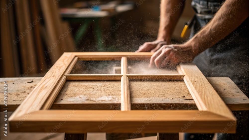 Poster a tightly cropped shot of hands skillfully sanding a wooden window frame the grains of the wood beco