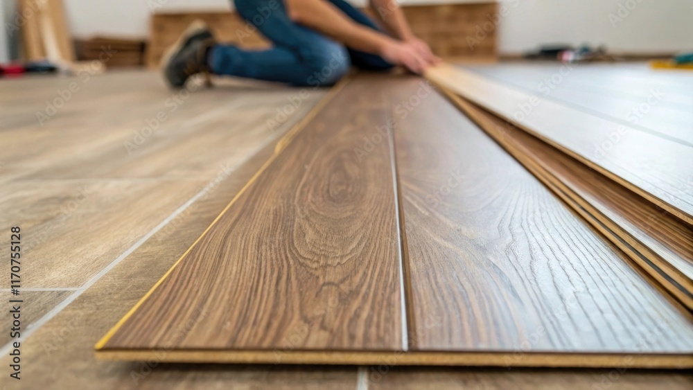 Poster A tightly focused shot of a single laminate plank being fitted into place with the edges perfectly aligned showcasing a welldefined pattern and the unique finish that adds depth