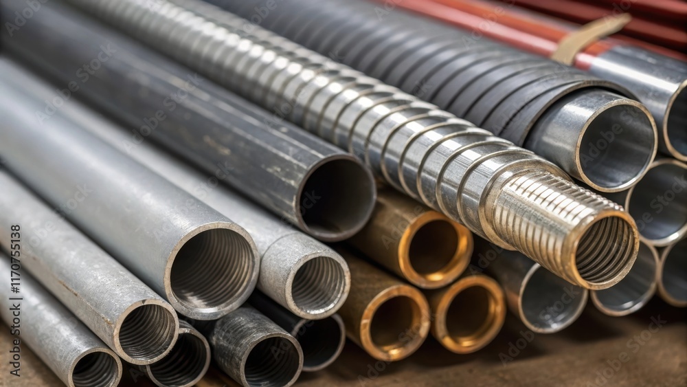 Poster a tightly focused image capturing the ends of various electrical conduit tubes showing their edges w