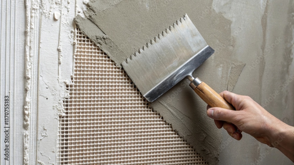 Aufkleber A tightly focused shot of adhesive being smeared onto a wall with a notched trowel the grooves catching the light. The adjacent area features strips of mesh waiting to be embedded