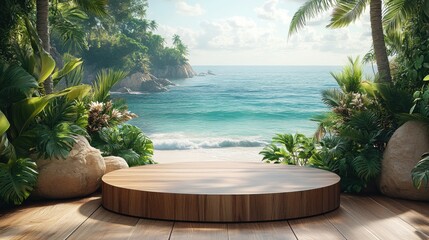Fototapeta premium Empty round wooden tabletop counter in a beach theme interior for display or product placement.
