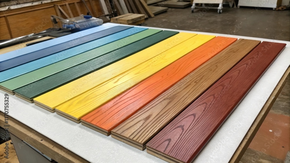 Poster A vibrant arrangement of composite siding panels displayed on a workbench each showcasing unique color finishes. The smooth surface reflects the surroundings while the muted tools