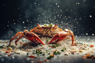 Fototapeta premium A striking red crab amidst a sprinkle of salt and seasoning, showcasing its vibrant features and textures.