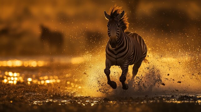 A zebra galloping through water with glowing sunset splashes