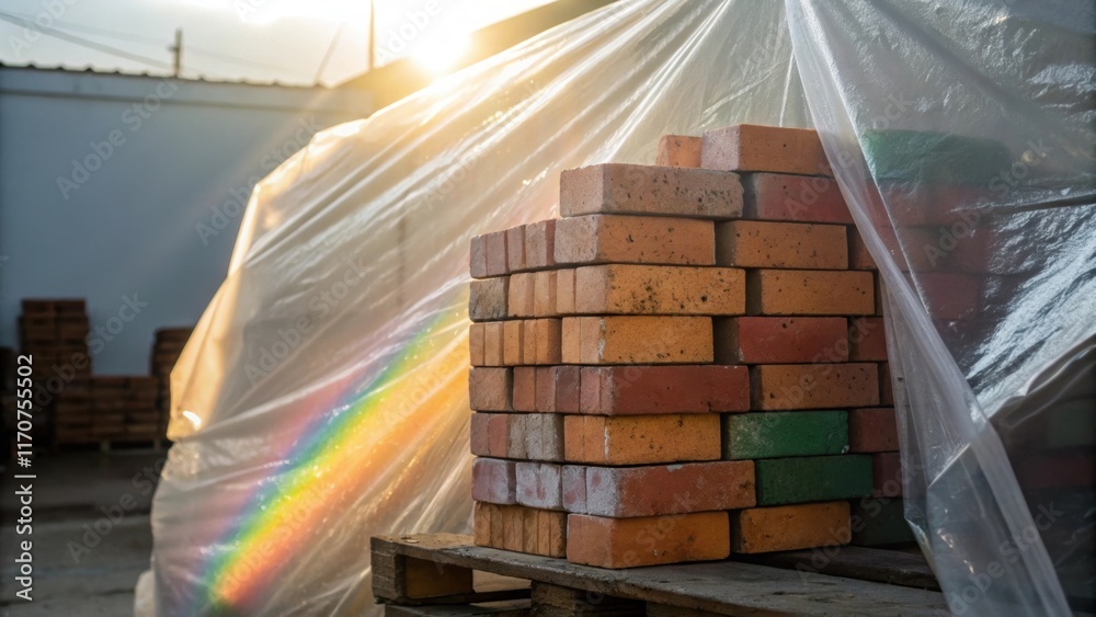 Aufkleber A vibrant composition showcasing a stack of bricks partially wrapped in a translucent tarp with sunlight filtering through. The light creates an ethereal glow that enhances the
