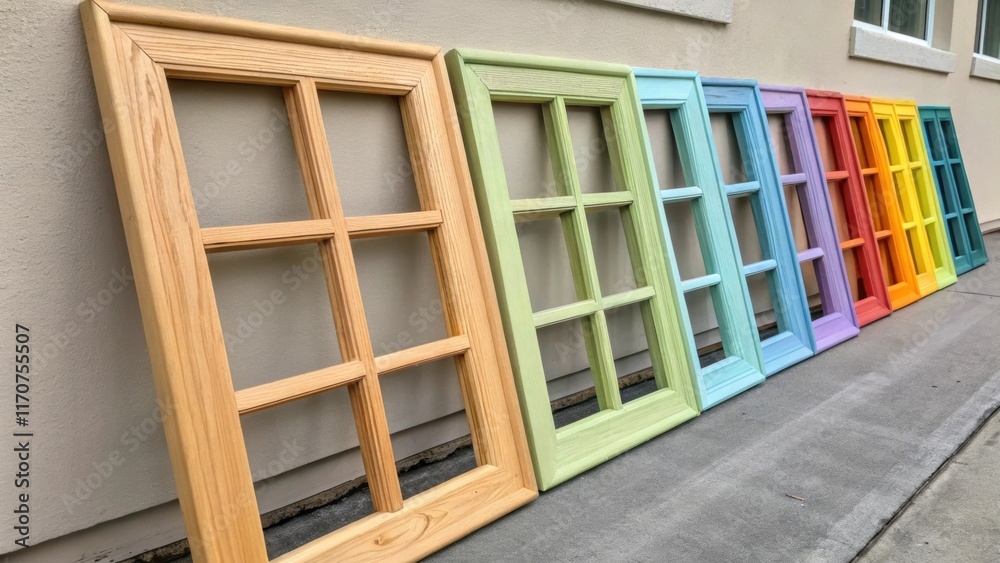 Poster a vibrant display of wooden cat window frames lined up against a wall all primed and awaiting color.