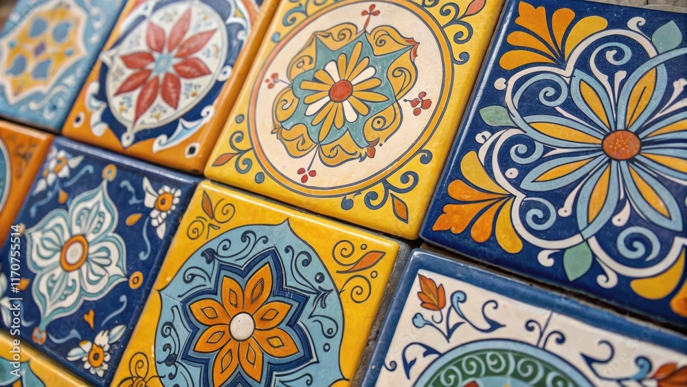 Leinwandbilder a vibrant collection of handpainted ceramic tiles each displaying intricate patterns in bright color