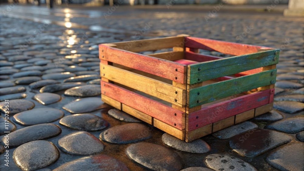 Poster A vibrant image of a wooden crate b with smooth rounded paving stones their polished surfaces reflecting hints of light. The crate itself has a simplistic charm with its grain