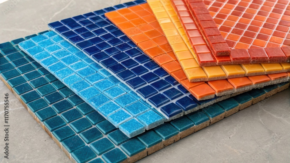 Aufkleber A vibrant collection of mosaic tile sheets showcasing an array of colors from deep blues to bright oranges. The tiles are neatly stacked revealing intricate patterns that could