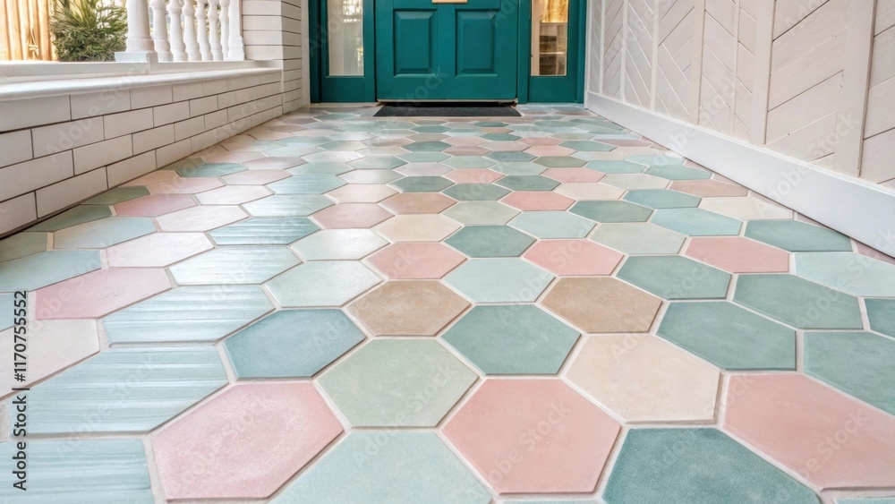 Poster A vibrant mix of pastelcolored hexagonal tiles is laid in a dynamic herringbone pattern infusing the foyer with a playful yet sophisticated ambiance. The soft hues of mint green