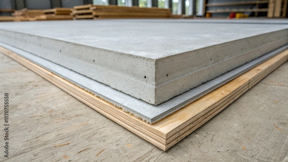 Poster A vibrant detail of the edges of cement board sheets showcasing the sharp clean lines where sheets meet the floor. The robust material contrasts with surrounding drywall and