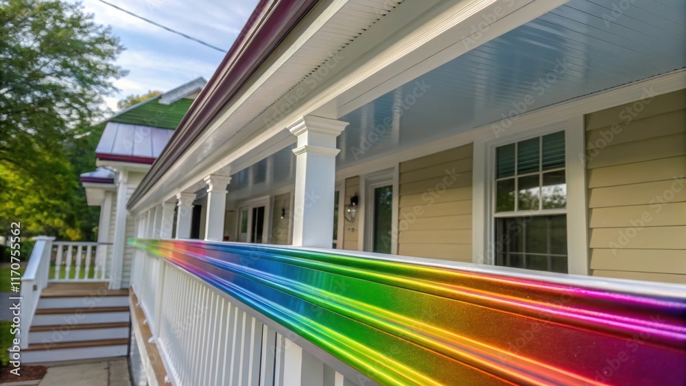 Poster A vibrant image of freshly lengths of aluminum gutters resting on a freshly painted porch. The reflections of surrounding colors and textures on the shiny surface create a playful