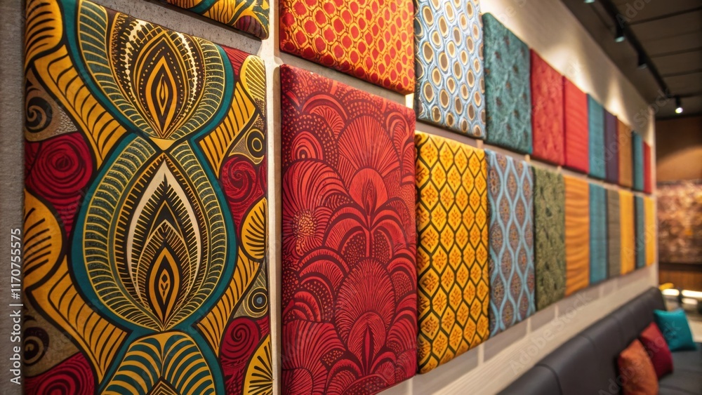 Poster A vibrant display of fabriccovered wall panels each adorned with bold prints and textures. The closeup reveals rich hues and intricate patterns creating a dynamic visual experience