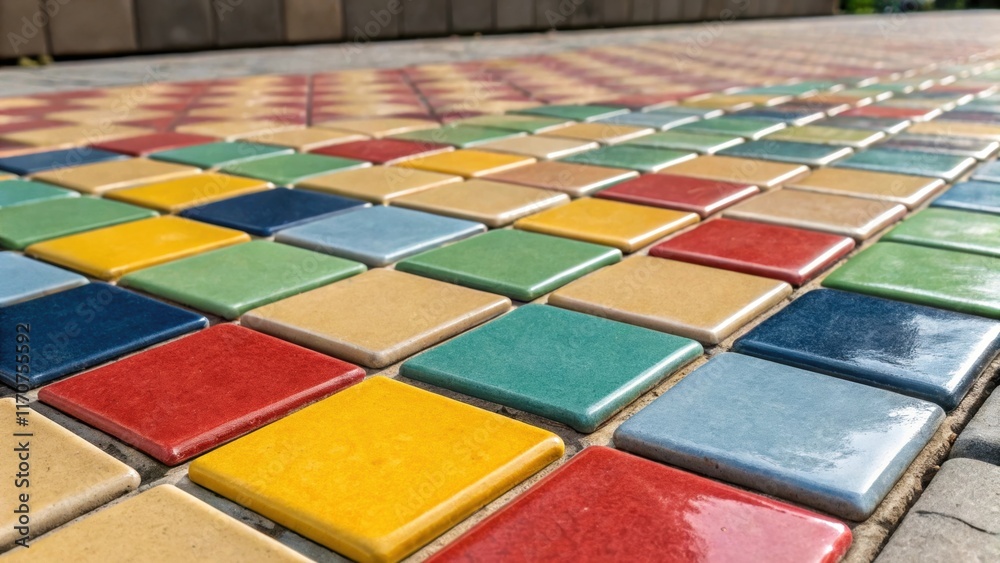 Aufkleber A vibrant mix of tiles with the camera angled to showcase the illusion of depth created by the threedimensional nature of the tiles resting on a base of neatly organized tile