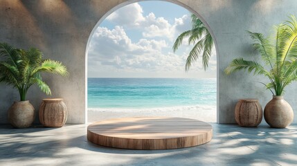 Empty podium with tropical beach view through arch for product display, presentation mockup design, scene display