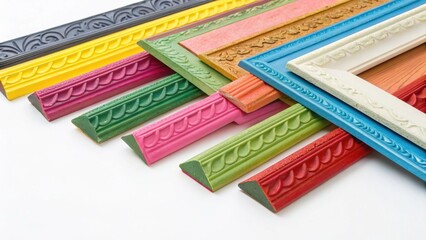 A vibrant display of colorful trim moldings arranged haphazardly yet artistically to create a striking contrast against a stark white background. The playful array of hues and