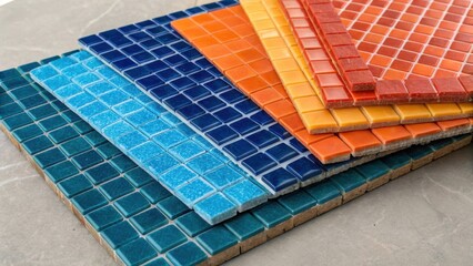 A vibrant collection of mosaic tile sheets showcasing an array of colors from deep blues to bright oranges. The tiles are neatly stacked revealing intricate patterns that could