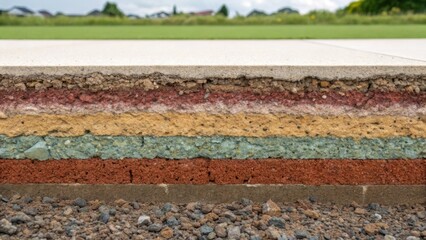 A vibrant crosssection of a foundation being laid with layers of compacted recycled aggregates visible beneath a thin coat of cement. The interplay of colors and textures offers a