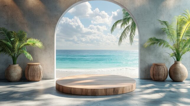 Empty podium with tropical beach view through arch for product display, presentation mockup design, scene display