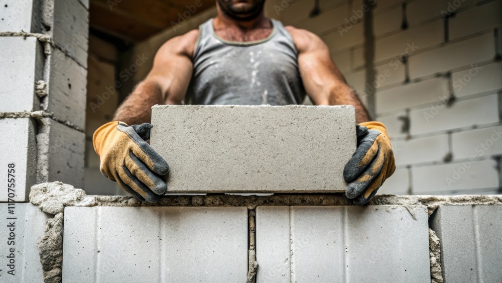 Aufkleber A workers hands gripping a concrete block showcasing the muscular definition and dusty work gloves with a backdrop of a partially constructed wall where the block will soon be p.