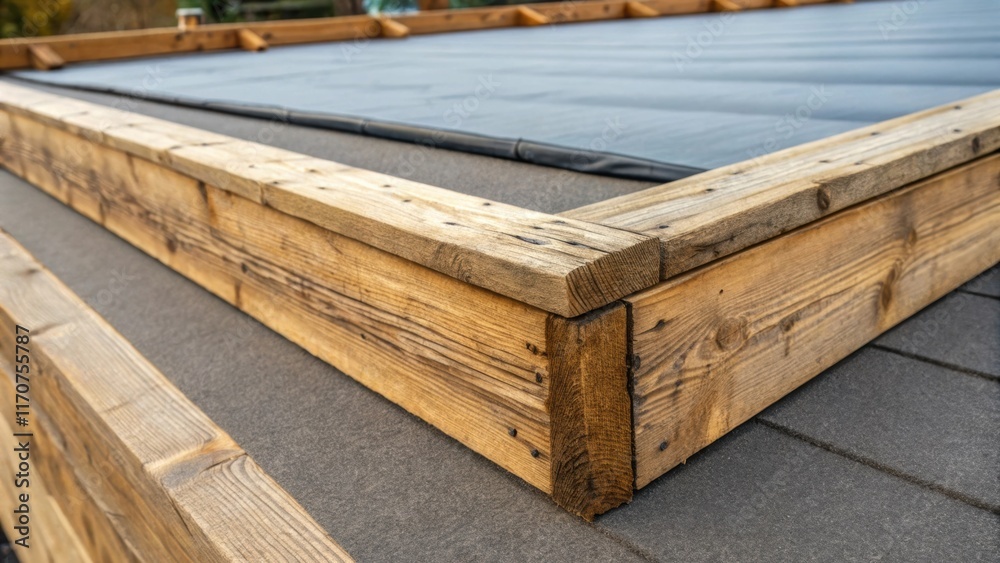 Poster a wood grain texture closeup showing the wooden framework that supports the flat roof system contras