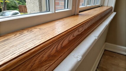 A wooden cat window sill primed and ready for painting revealing the rich textures of the wood grain. The slightly uneven surface of the primer catches the light adding depth and