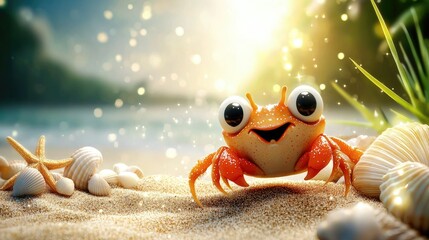 Cute cartoon crab on sunny beach.