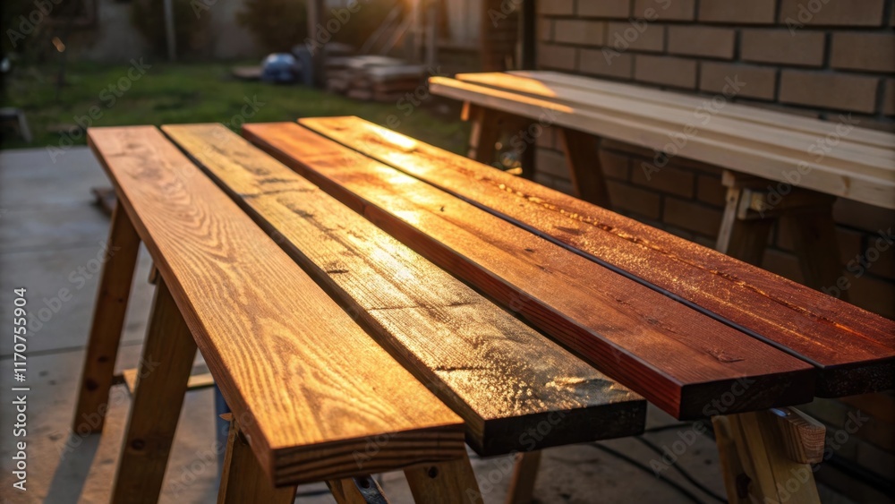 Aufkleber captured in the golden hour the stained wooden planks are bathed in warm light as they rest on simpl