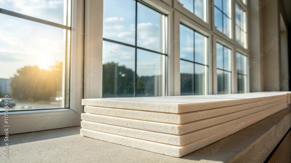 Poster beneath a window closeup focusing on rigid foam insulation panels resting against a wall beneath a l