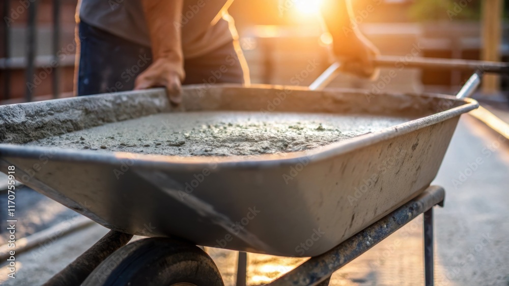 Poster capturing the dynamic moment of a workers hand poised over the wheelbarrow ready to pour the concret