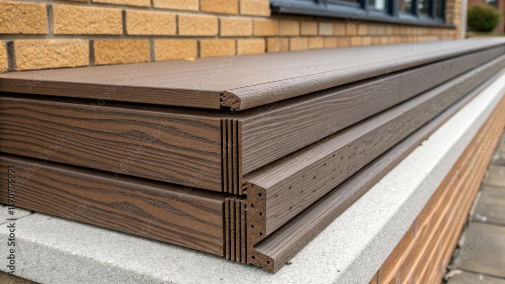 Poster Carefully engineered composite cladding with a layered finish reveals a distinct woodlike appearance showcasing its durability against harsh weather conditions. The intricate