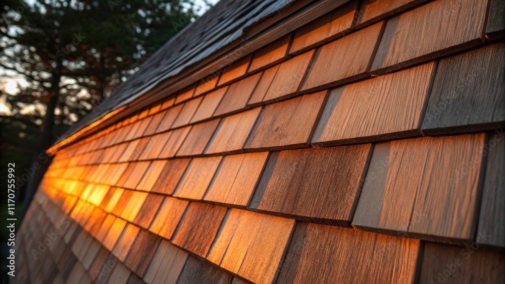 Aufkleber Capturing the brief moment of twilight this closeup displays the cedar shingles illuminated by the fading orange light each shingle casting subtle shadows that play across the