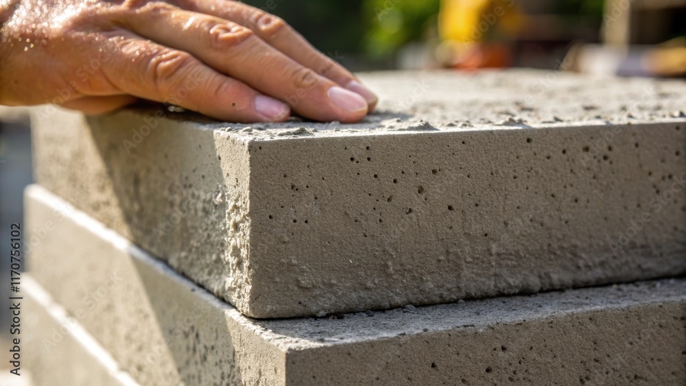 Poster Closeup of a finger smoothing out the wet mortar on top of a stacked cement block with specks of mortar streaking the rough block surface. The image captures the craftsmanship