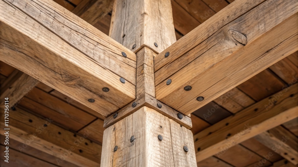 Aufkleber closeup of a corner where two beams intersect revealing the precise dovetail joints that connect the