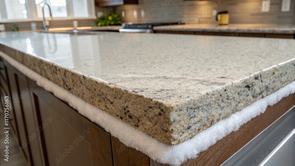 Poster closeup of an unfinished granite slab partially covered in protective foam reveals its rugged edges 
