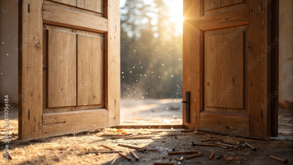 Poster Closeup of a pair of rustic door frames their grain clearly visible bathed in warm sunlight streaming through an open window dust motes dancing in the air as nails and screws are