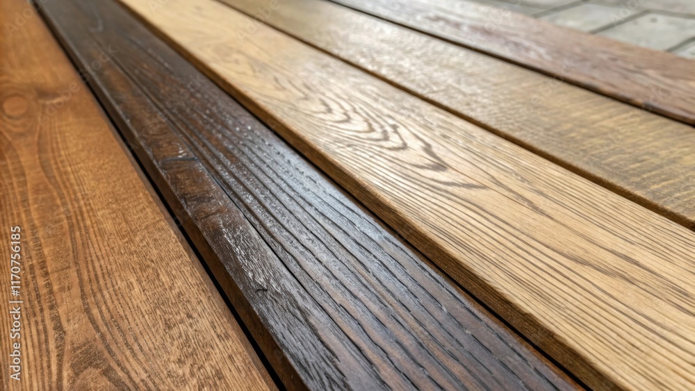Aufkleber Closeup of a series of planks juxtaposed against one another revealing the differences in texture and finishfrom polished sections that glisten softly to rougher more rugged