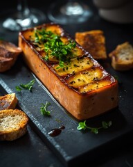 A delicious dish of glazed meatloaf garnished with fresh herbs, served with toasted bread on a dark slate platter.