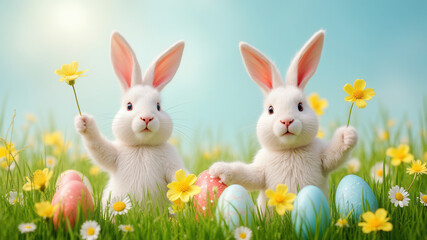 Fototapeta premium Funny bunnies with flowers