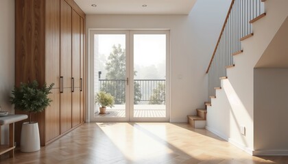 Obraz premium Bright modern home interior with a wooden staircase, glass doors, and natural views. A perfect example of contemporary living featured in architecture and interior design magazines.