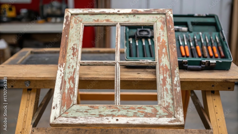 Aufkleber Closeup of weathered paint chips flaking off an old window frame as it rests on saw horses. In the background a partially open toolbox reveals an array of tools symbolizing the