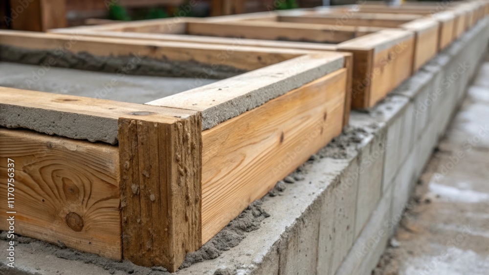 Poster closeup of wooden foundation molds their edges sharply defined by the fresh concrete that has overfl