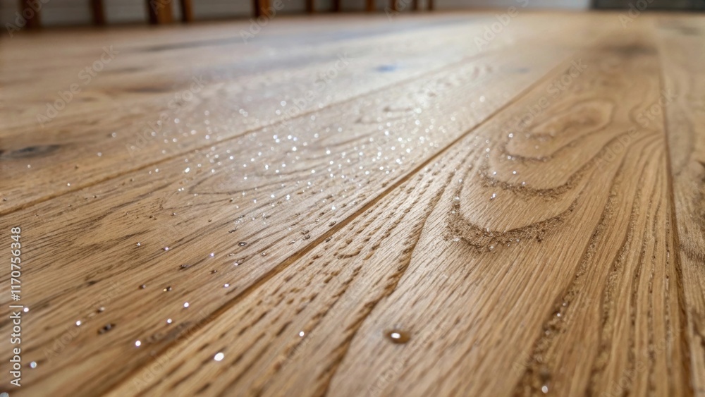 Poster Closeup of the grainy texture of freshly sanded oak wood showcasing the intricate patterns and knots. The surrounding area is dotted with tered dust motes glittering in the light