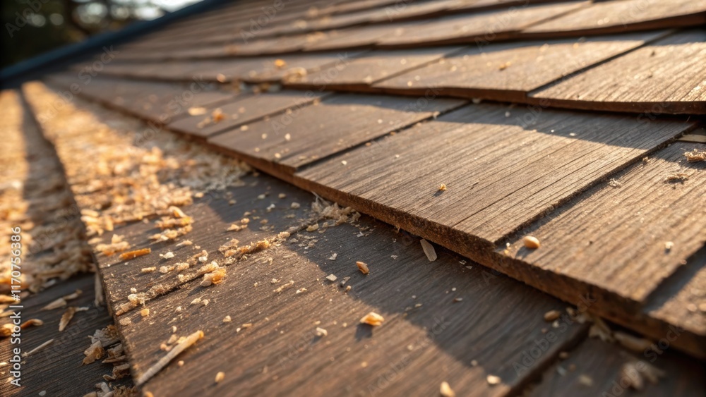 Poster Closeup of the textured edges of the roof decking boards showcasing the roughness from the saw s. Tiny wood shavings ter around remnants of the preparation process while shadows