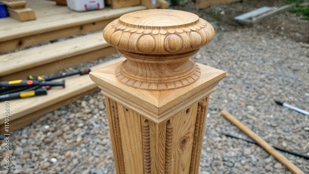 Poster Closeup of the detailed texture of a single wooden fence post highlighting the intricate ring patterns and the smooth finish achieved after sanding. The post sits upright on a